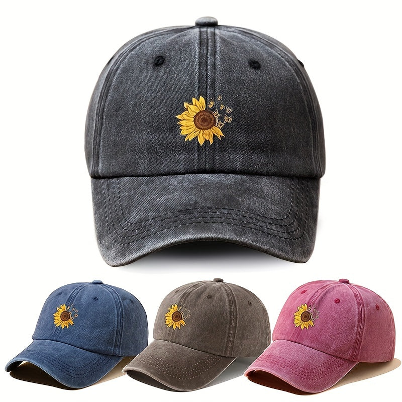 Sunflower Print Washed Baseball Cap Vintage Distressed Dad Hats