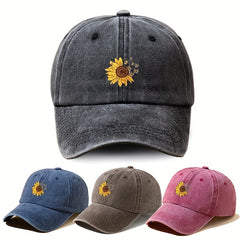 Sunflower Print Washed Baseball Cap Vintage Distressed Dad Hats