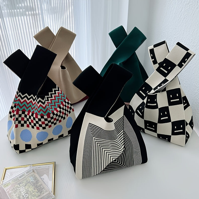 Checkerboard Tote Bag Casual Knit Handbag for Travel Gym & Outdoor Sports