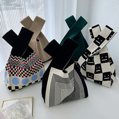 Checkerboard Tote Bag Casual Knit Handbag for Travel Gym & Outdoor Sports