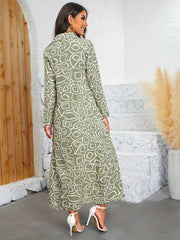 Graphic Print Maxi Dress Long Sleeve Ruched Dress With Collar