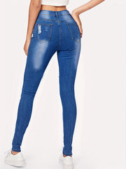 Distressed High Stretch Skinny Jeans Slim Fit Denim Pants