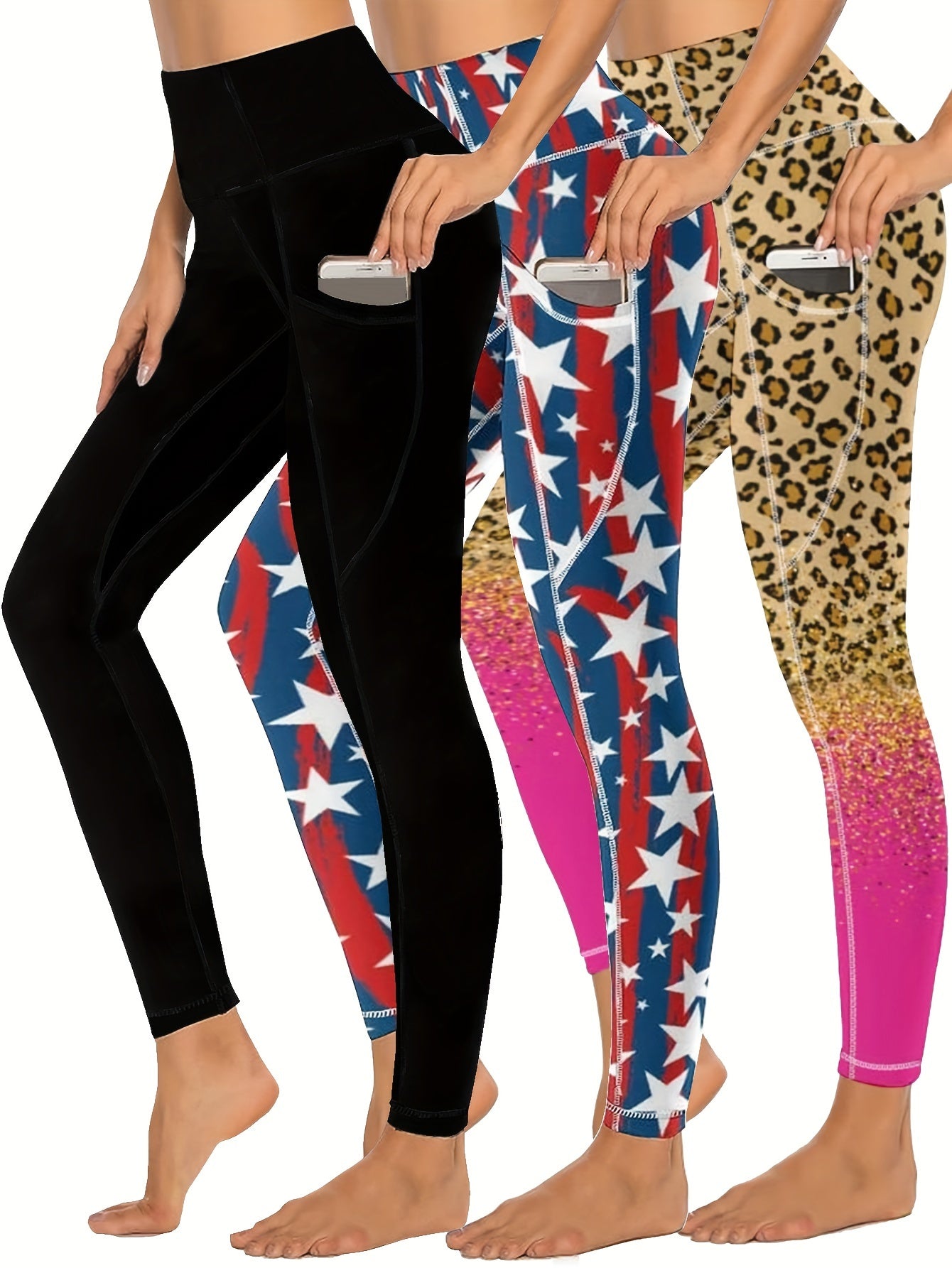 3-Pack Plus Size Leggings Set: Star & Snake Print High Waist