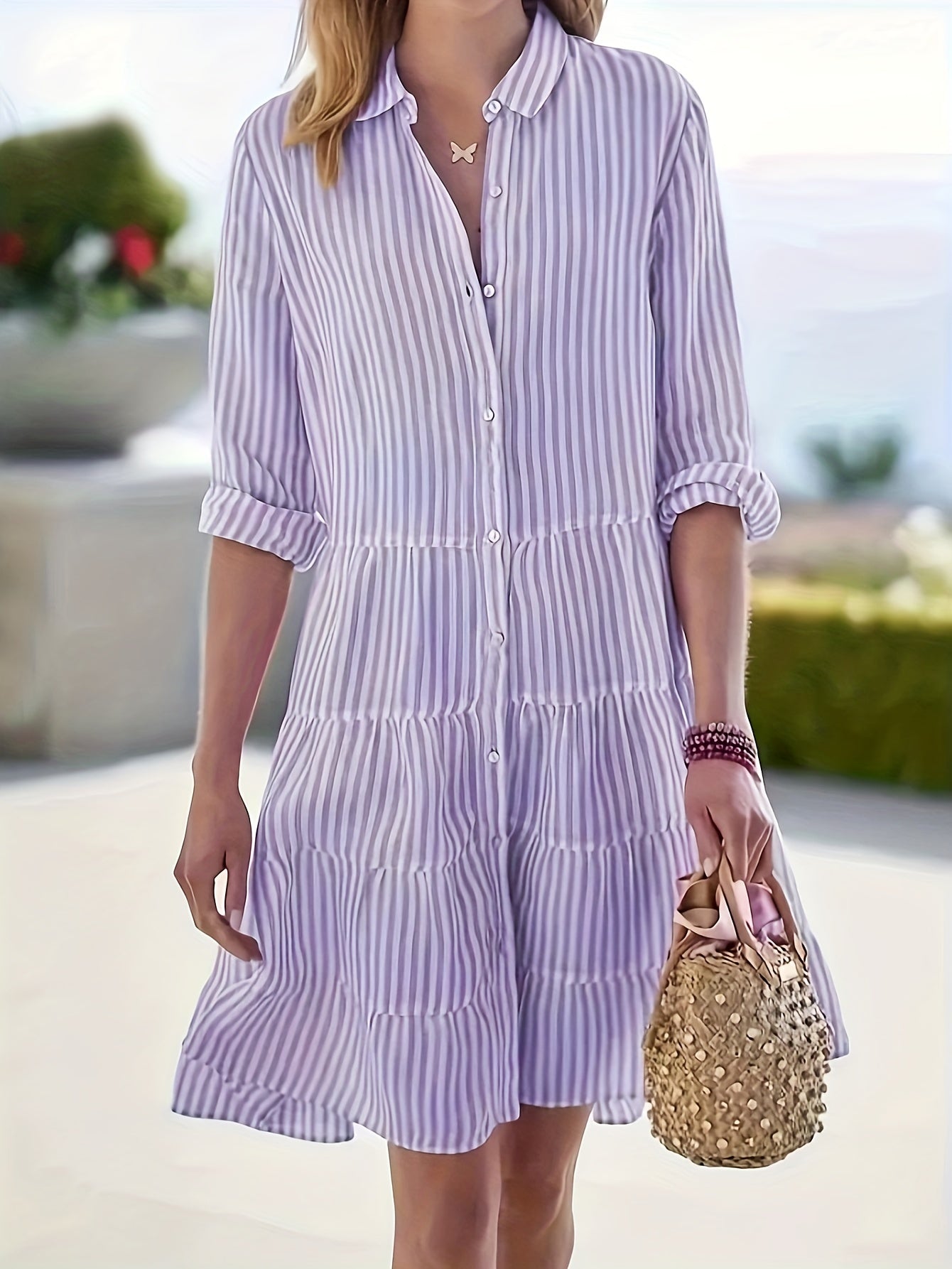 Stripe Print Long Sleeve Smock Shirt Dress