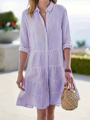 Stripe Print Long Sleeve Smock Shirt Dress