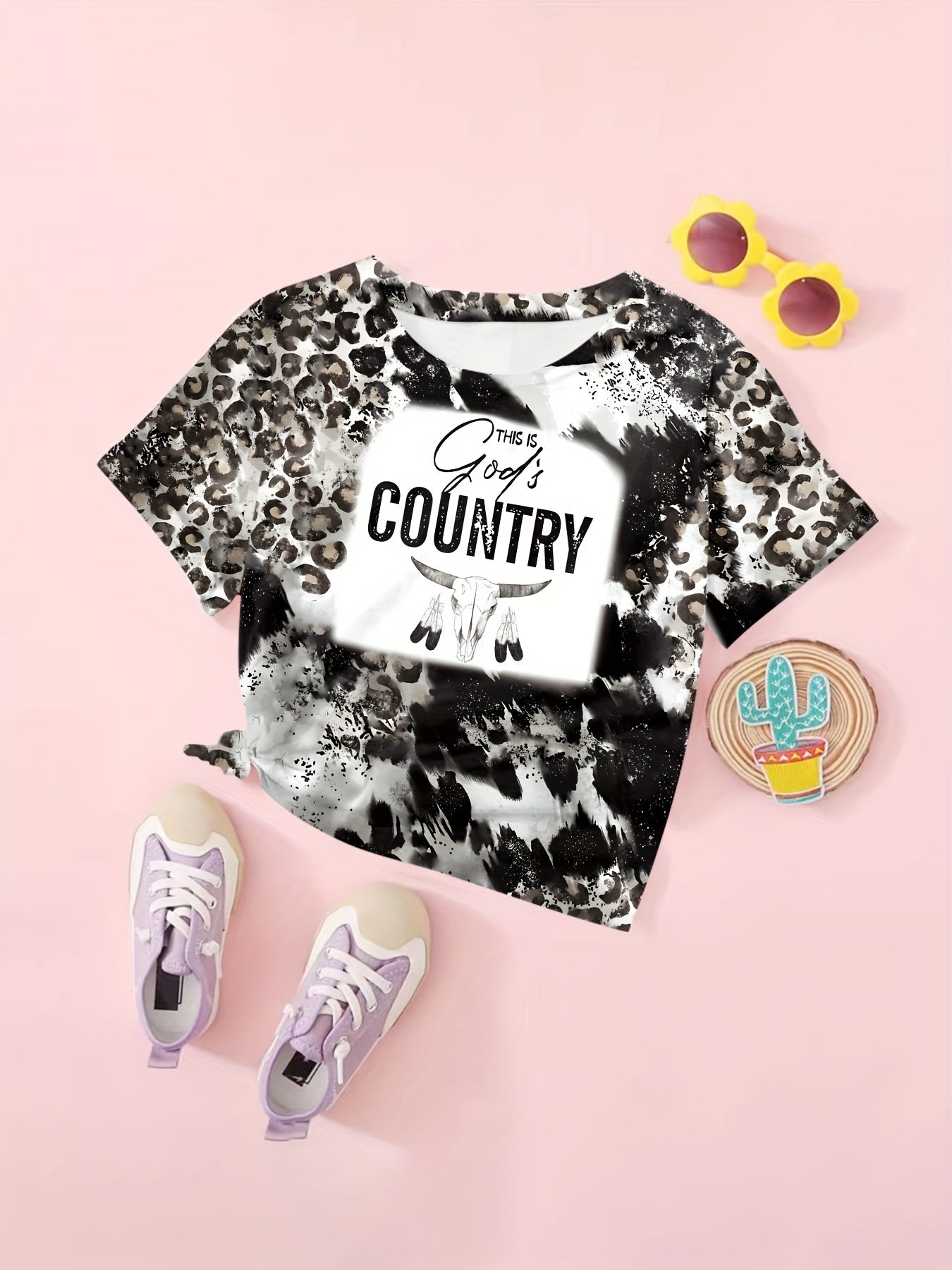 Girls Western Style Cow Skull Print Short Sleeve T-shirt Summer Clothes