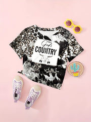 Girls Western Style Cow Skull Print Short Sleeve T-shirt Summer Clothes