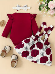 3pcs Long Sleeve Triangle Onesie Suspender Dress Set Newborn Alphabet Print
