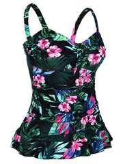 Tropical Print Tankini Set with Ruffle Trim Cami Top & Bottoms