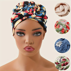 Vintage Twist Flower Turban Cap Boho Print Head Wrap Elastic Bonnet Head Scarf