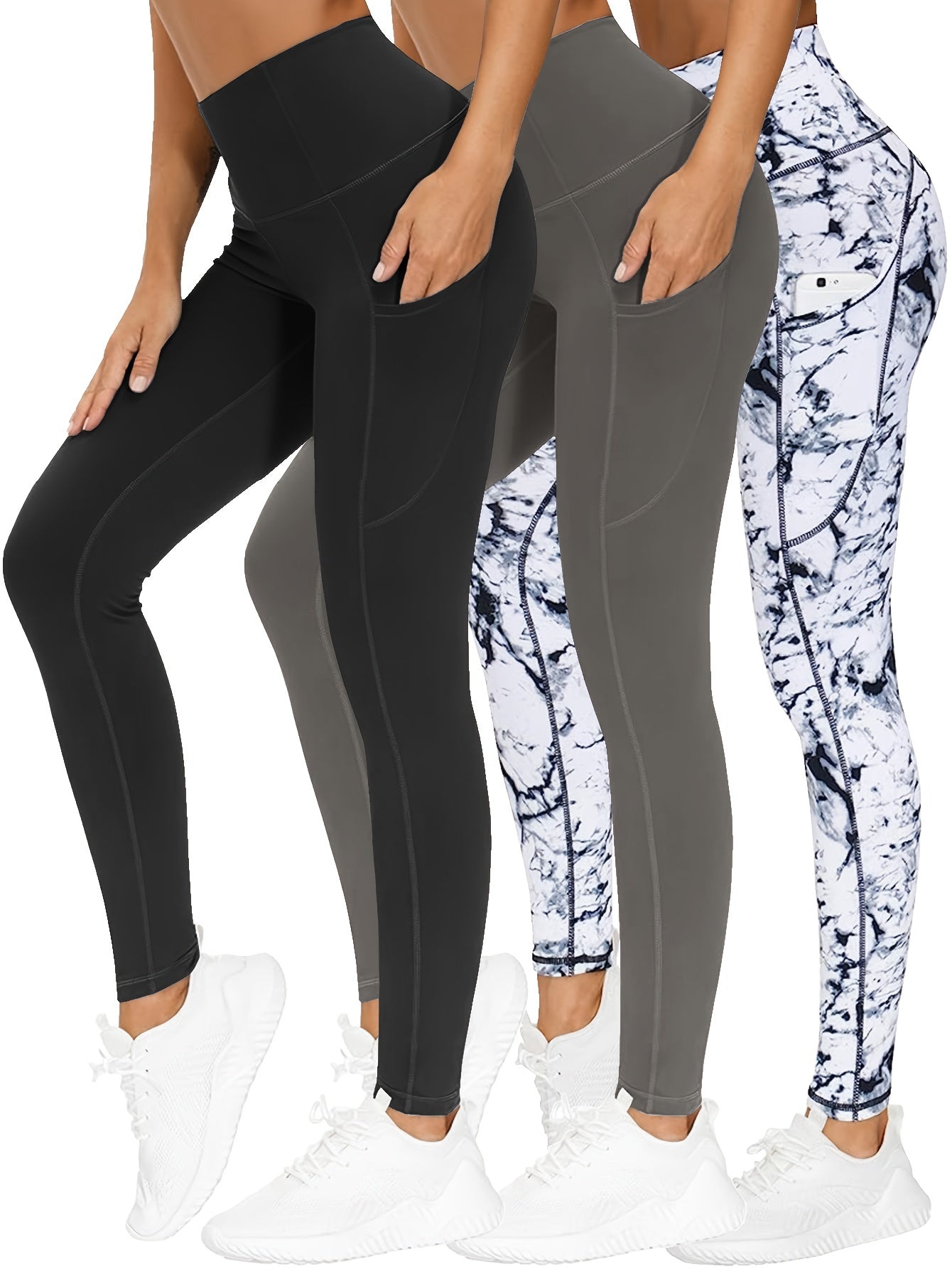 3 Pack Plus Size Marble Print High Waist Yoga Pants Set