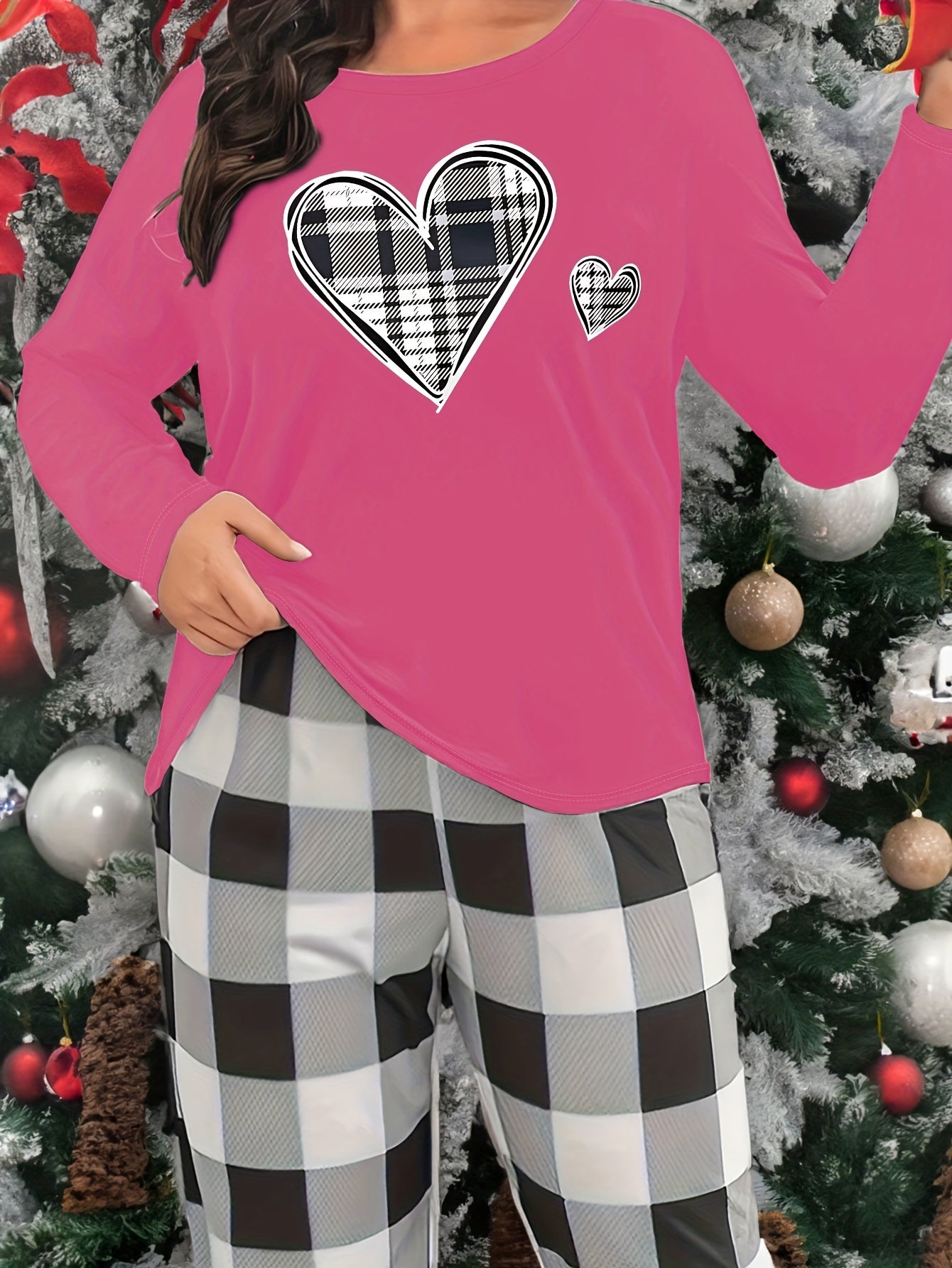 Plaid Heart Print Lounge Top Crew Neck Long Sleeve Women's Sleepwear