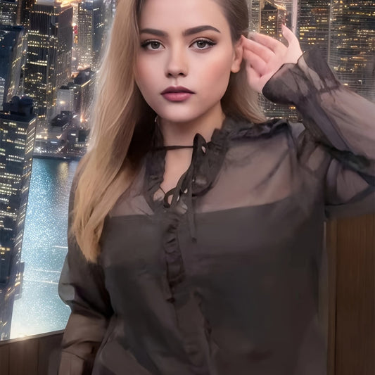 Casual Blouse Solid Ruffle V Neck Top