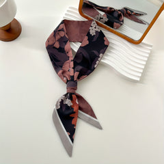 Brown Flower Print Skinny Scarf Vintage Silky Long Ribbon Neckerchief