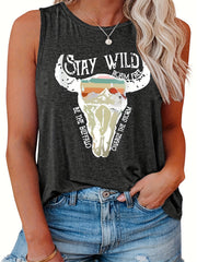 Casual Tank Top Women's Plus Slogan & Cow Print Round Neck
