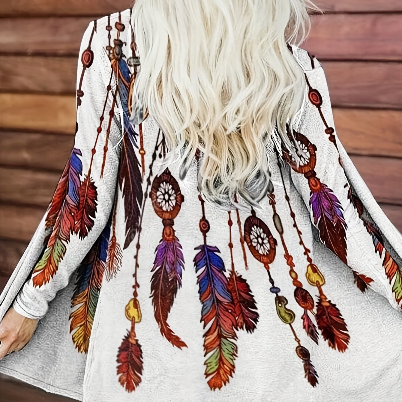 Feather Print Open Front Cardigan Long Sleeve Outwear