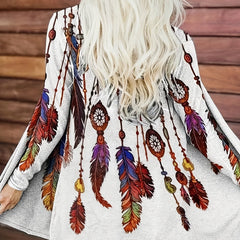 Feather Print Open Front Cardigan Long Sleeve Outwear