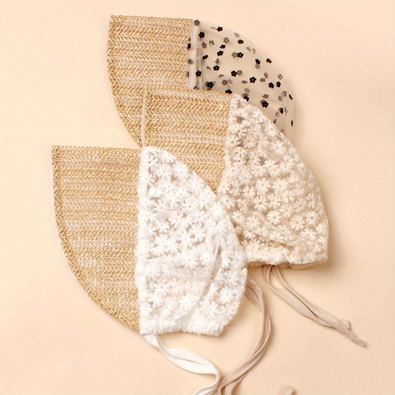3pcs Flower Mesh Braided Straw Cap Sun Protection Comfortable Breathable Cap