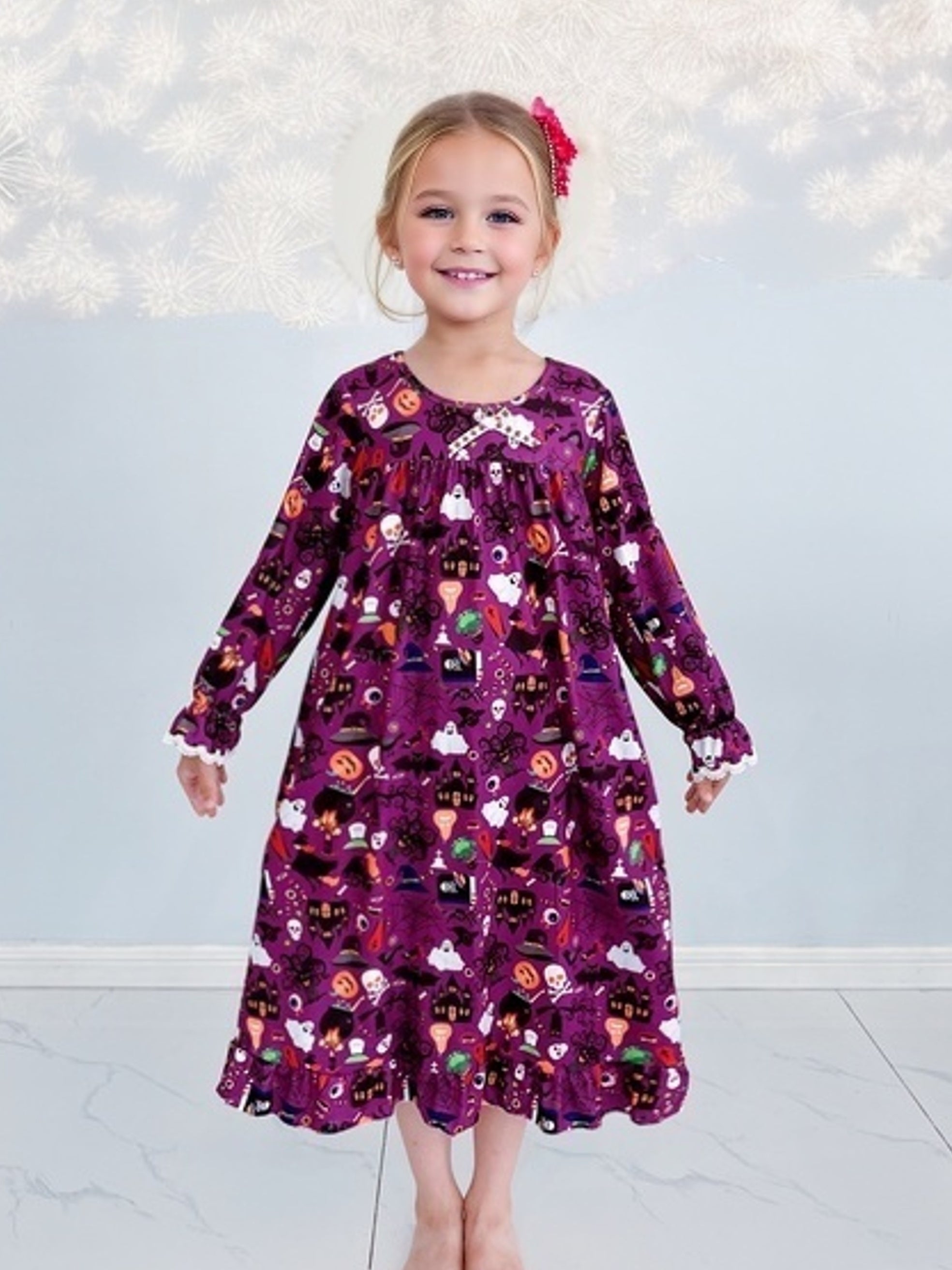 Halloween Elements Girl's Nightgown Lace Decor Long Sleeve Nightdress