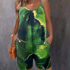 Marble Print Spaghetti Strap Romper Casual V Neck Sleeveless Romper