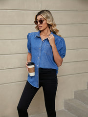 Short Sleeves Denim Shirt Single Breasted Button Lapel