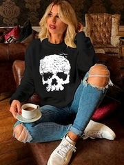 Halloween Skull Print Sweatshirt Long Sleeve Crew Neck Fall Winter Women's Cloth