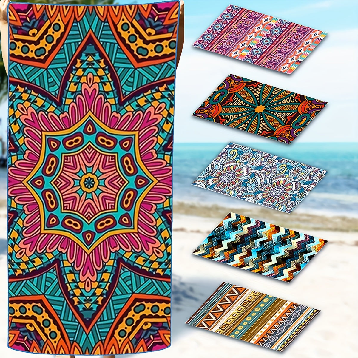 Microfiber Quick Drying Beach Towel With Carrying Bag - Bohemian Print