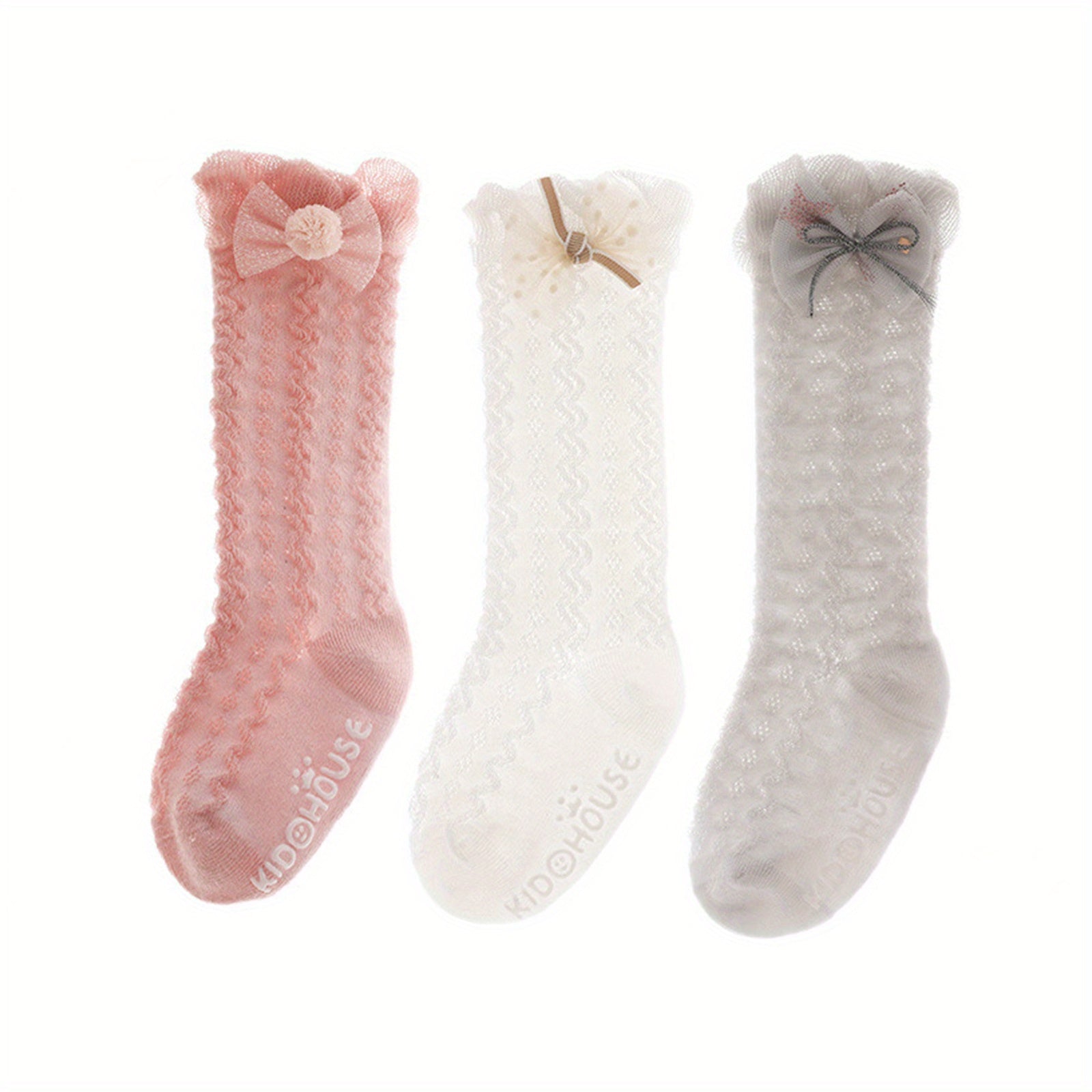 3 Pairs Baby Girls Non Slip Floor Socks Bow Ruffled Knee High Socks