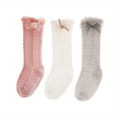 3 Pairs Baby Girls Non Slip Floor Socks Bow Ruffled Knee High Socks