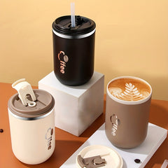 500ml Insulated Stainless Steel Coffee Mug with Straw and Lid