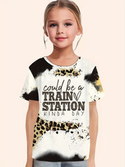 Train Station Print Short Sleeve T-shirt for Girls