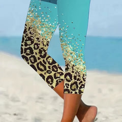 Leopard Print Skinny Capris Leggings Elastic Waist Cropped Leggings