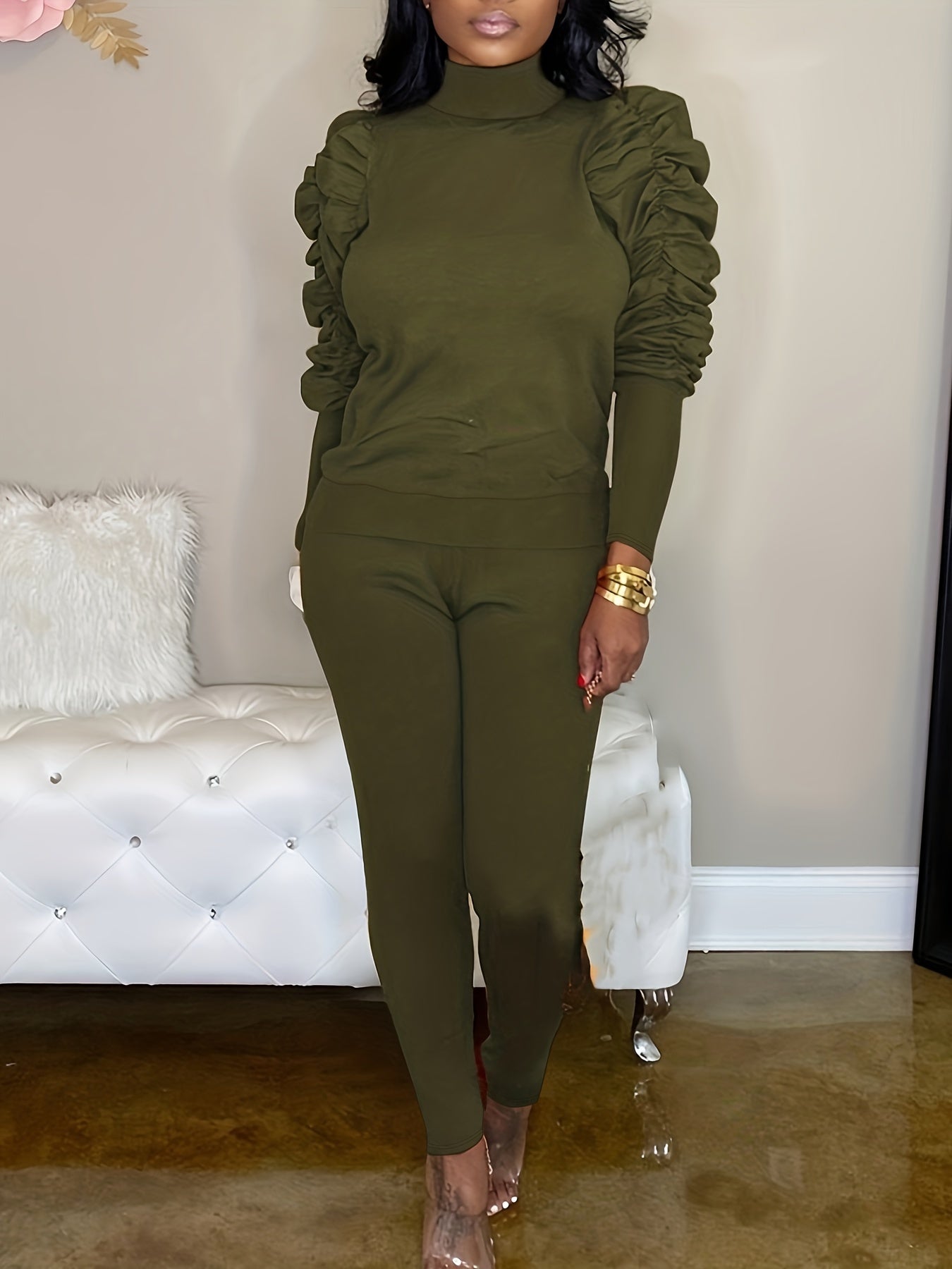 Puff Sleeve Top & Straight Leg Pants Set Solid 2pcs Outfit