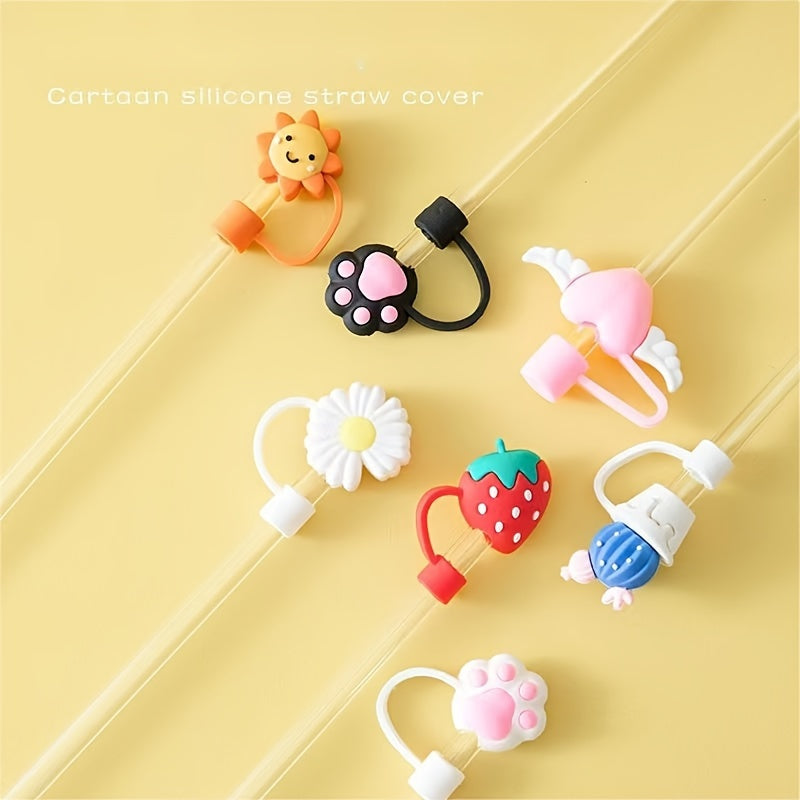 7pcs Cartoon Straw Tip Covers Reusable Leakproof Straw Plugs Cup Accessories