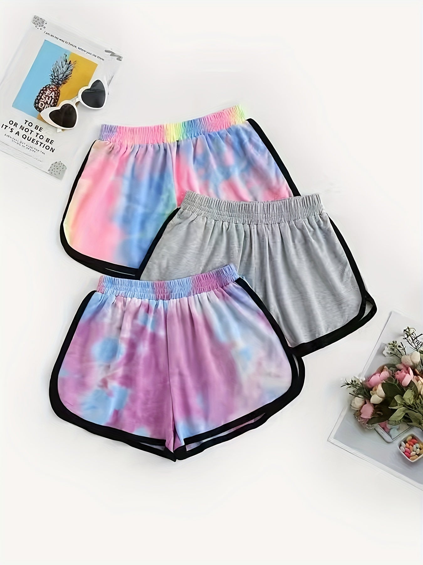 3 Pack Plus Size Casual Shorts Women's Plus Tie Dye & Solid Elastic Sleek