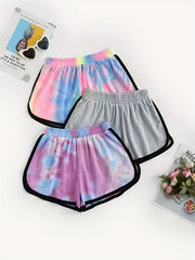 3 Pack Plus Size Casual Shorts Women's Plus Tie Dye & Solid Elastic Sleek