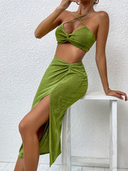 Sexy Twist Sleeveless Top & Split Ruched Skirt Set