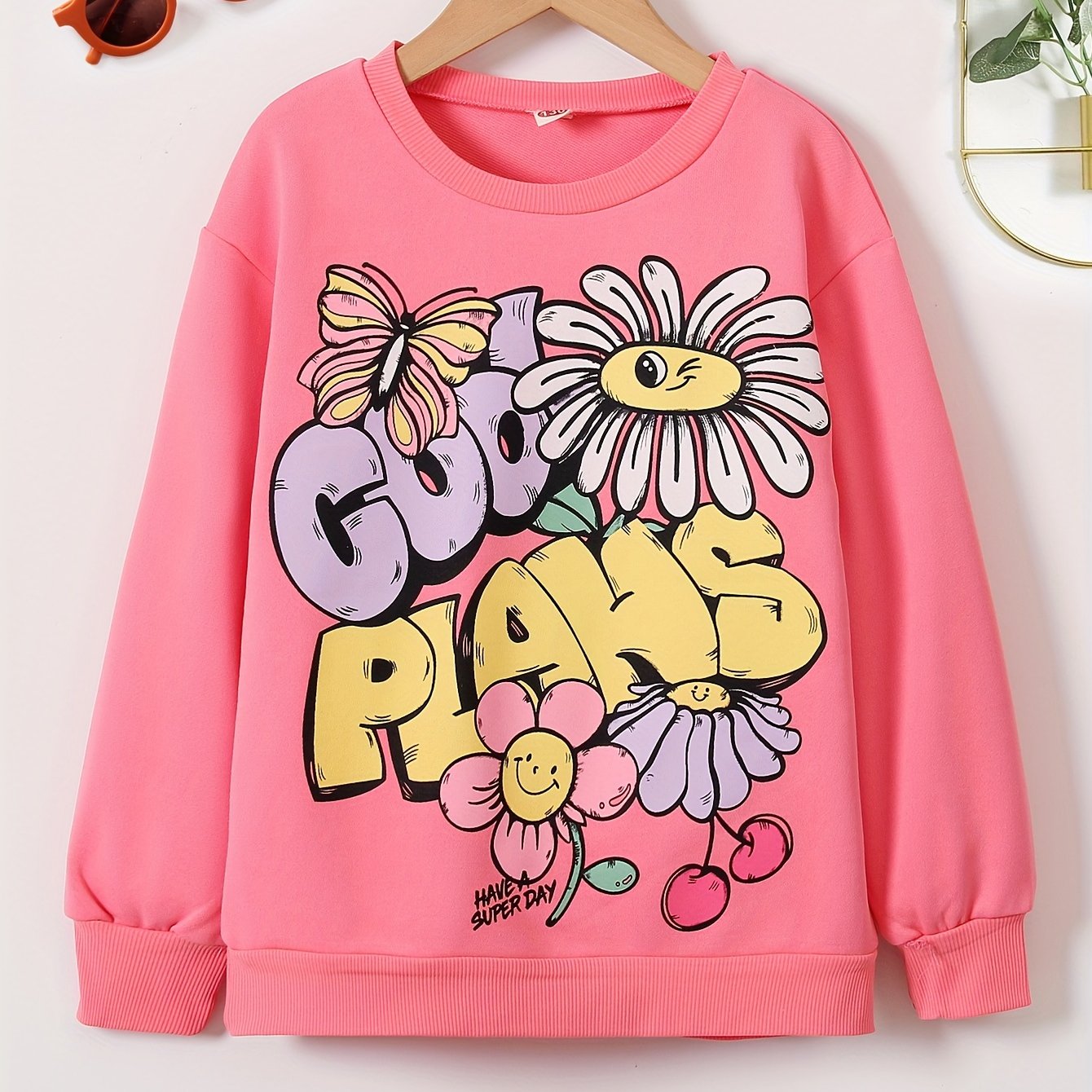 Girls Floral Graphic Sweatshirt Round Neck Pullover
