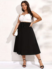 Solid Ribbed Lace Up Pleated Skirt
