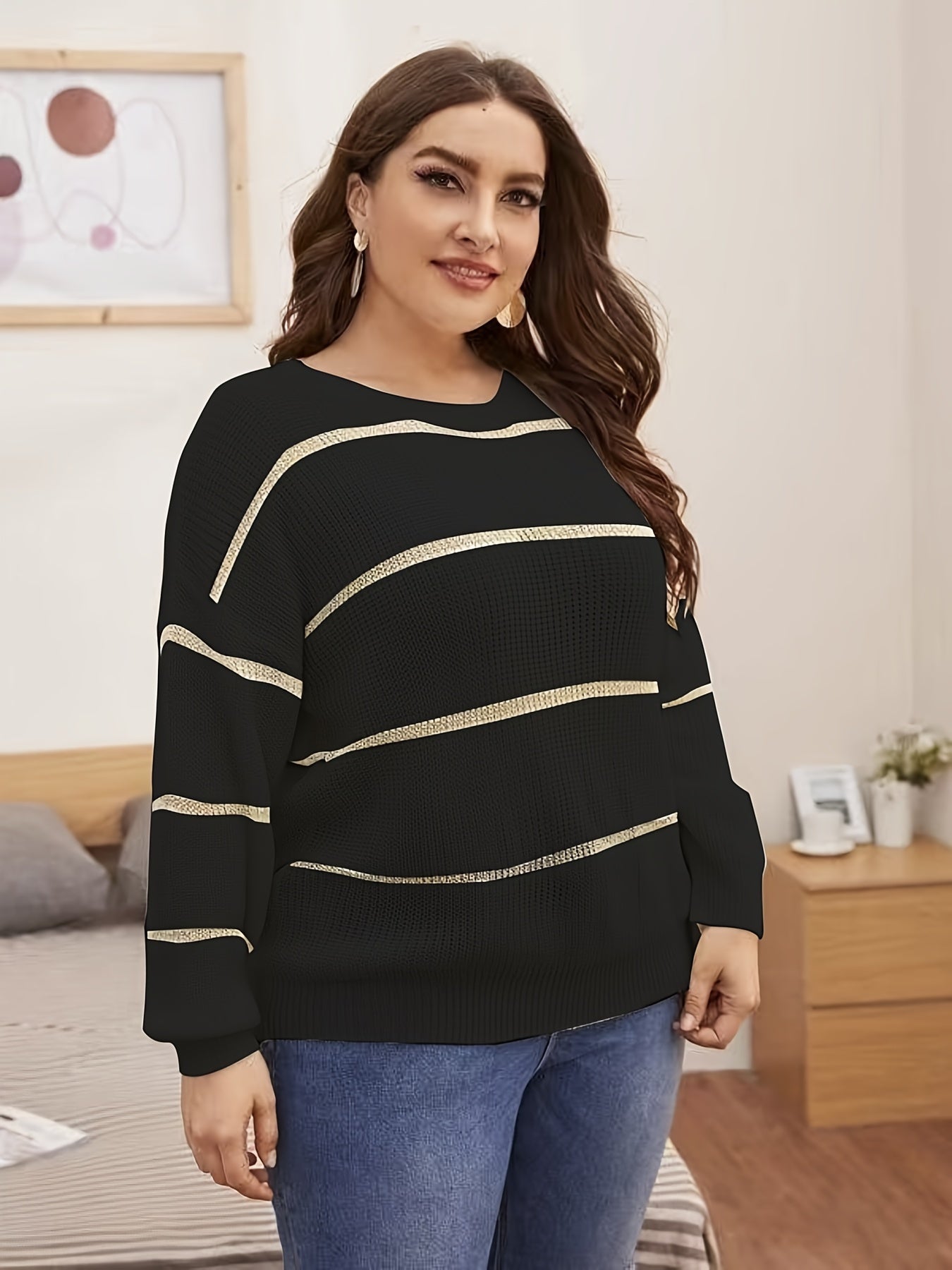 Striped Round Neck Sweater High Stretch