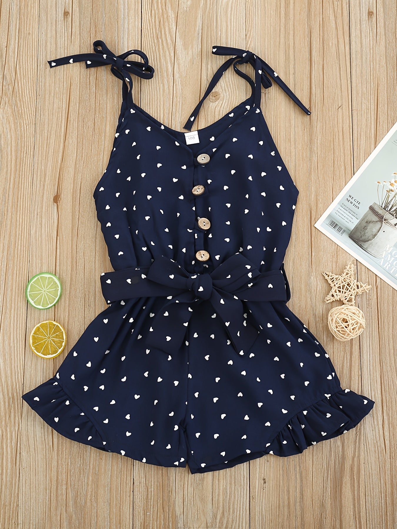 Baby Girls Heart Print Romper Jumpsuit with Belt
