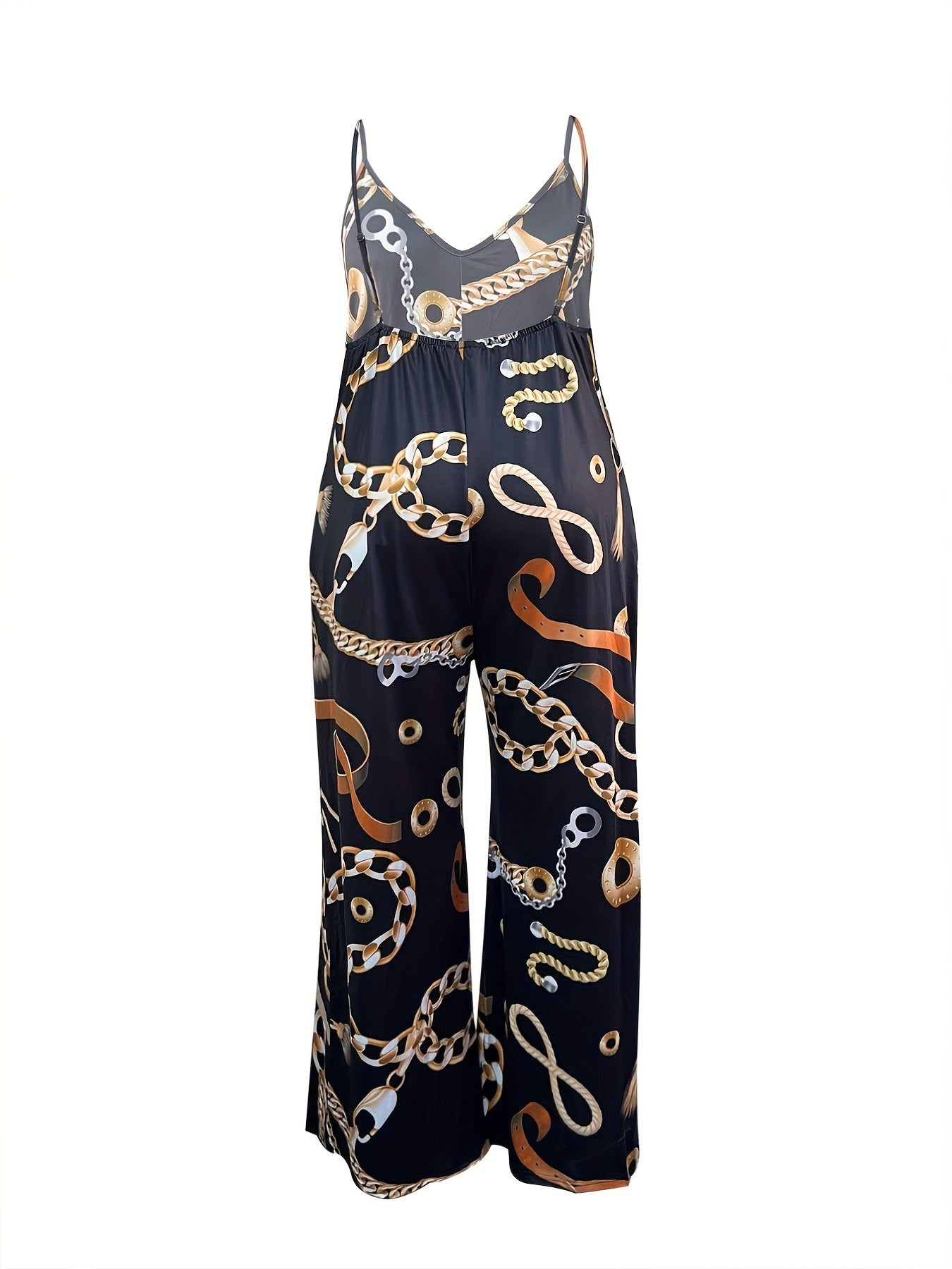 Chain Print V Neck Backless Wide Leg Plus Size Jumpsuit
