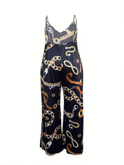 Chain Print V Neck Backless Wide Leg Plus Size Jumpsuit