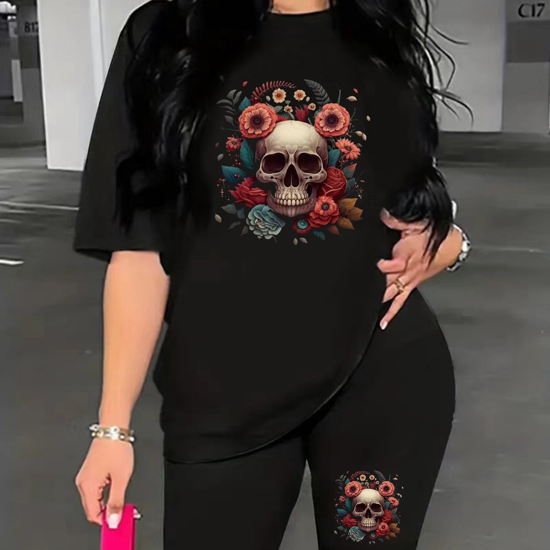 Women's Plus Floral Skull Print Top & Biker Shorts Set