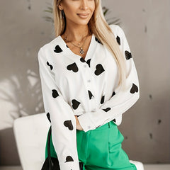 Women's Plus Heart Print Button Up Blouse