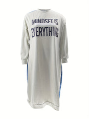 Colorblock Slogan Print Side Knot Long Sleeve Dress
