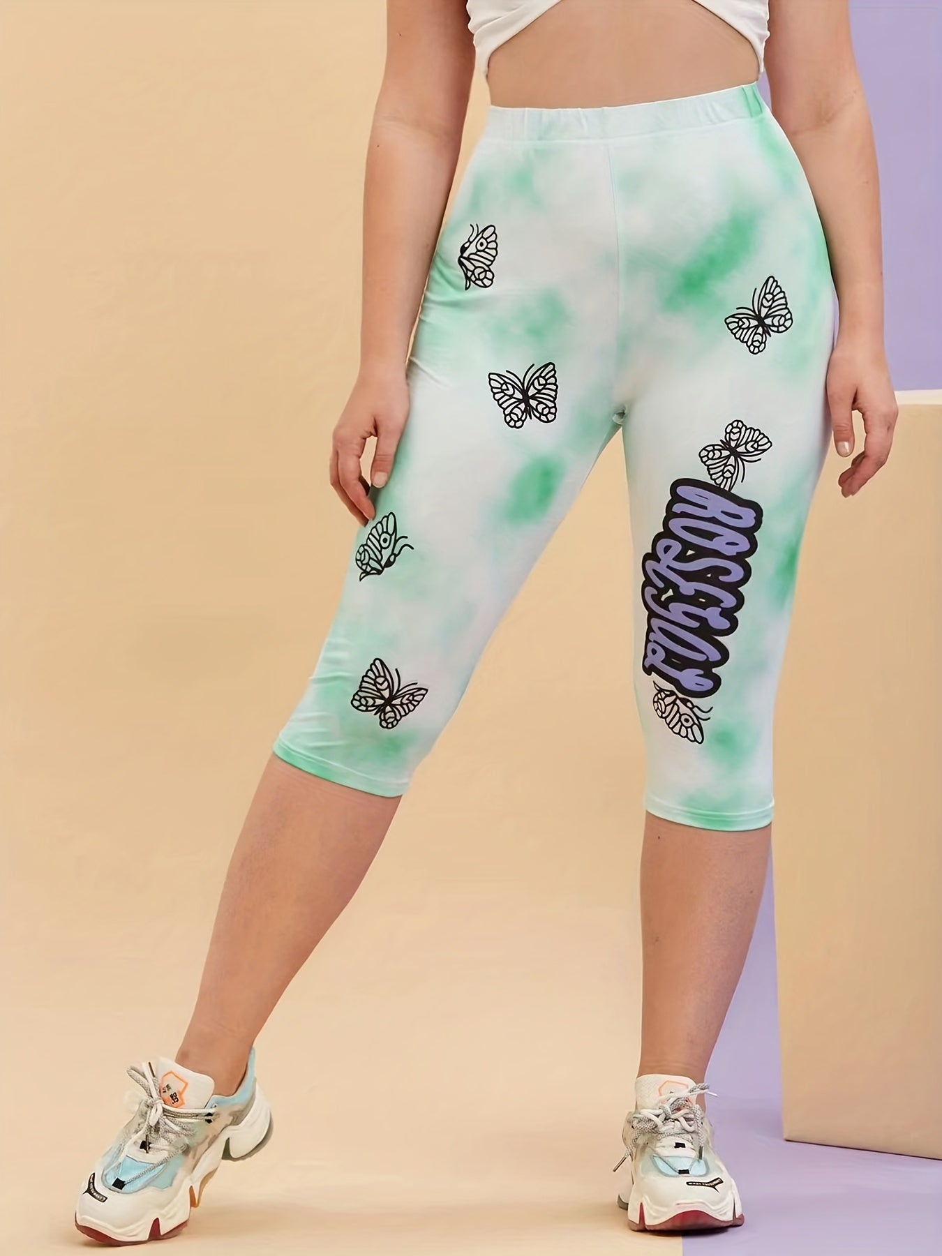 Women's Green Butterfly Print Yoga Leggings for Sports Fitness Running