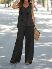 Casual Two-piece Set Crew Neck Sleeveless Top & Wide Leg Pants Outfit
