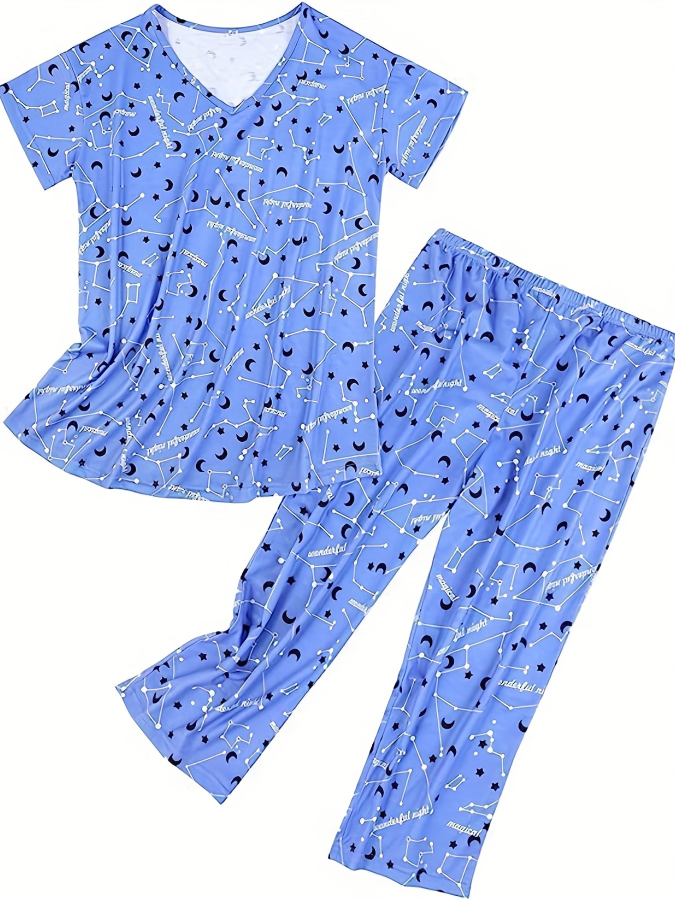Star Print Pajama Set Short Sleeve Crew Neck Top & Pants Women's Sleepwear