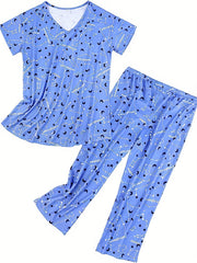 Star Print Pajama Set Short Sleeve Crew Neck Top & Pants Women's Sleepwear